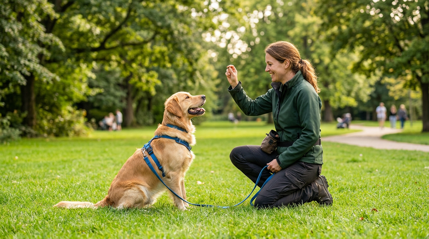 Chien en séance d’éducation positive — apprentissage et lien avec le propriétaire.